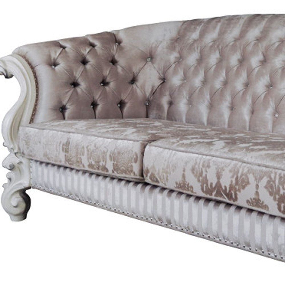 99" Ivory Velvet Damask Sofa And Toss Pillows With Bone Legs  Warm Home View