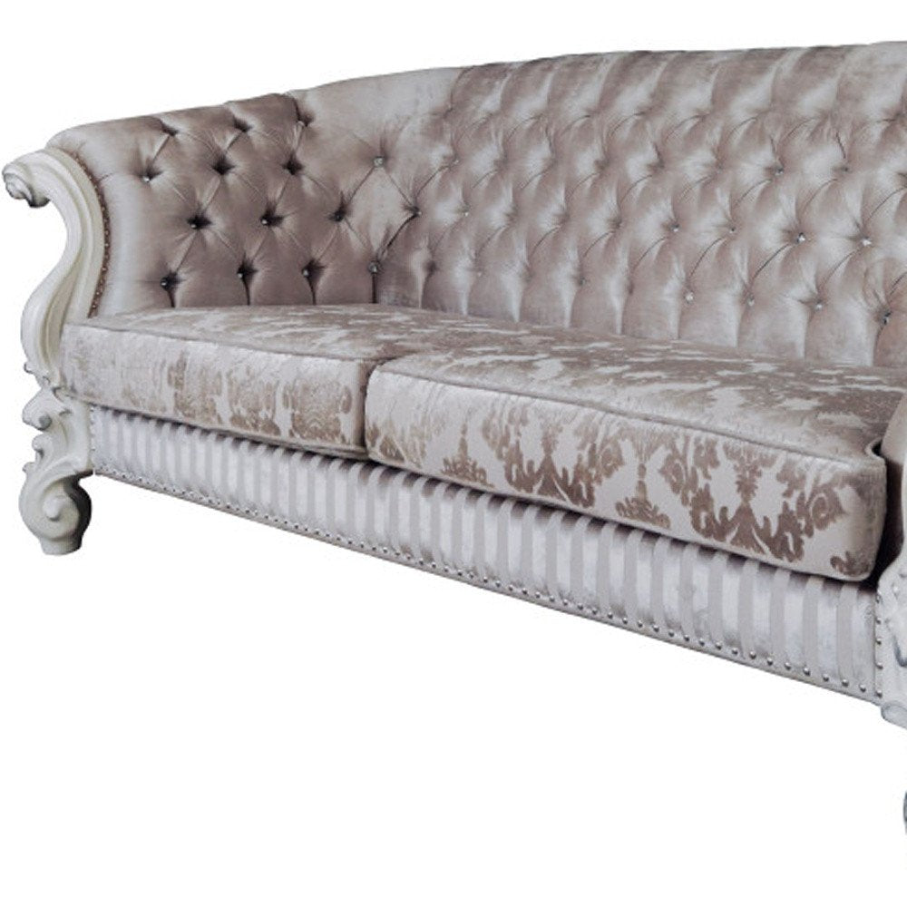 99" Ivory Velvet Damask Sofa And Toss Pillows With Bone Legs  Warm Home View