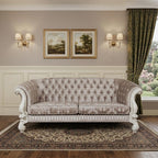 99" Ivory Velvet Damask Sofa And Toss Pillows With Bone Legs  Warm Home View