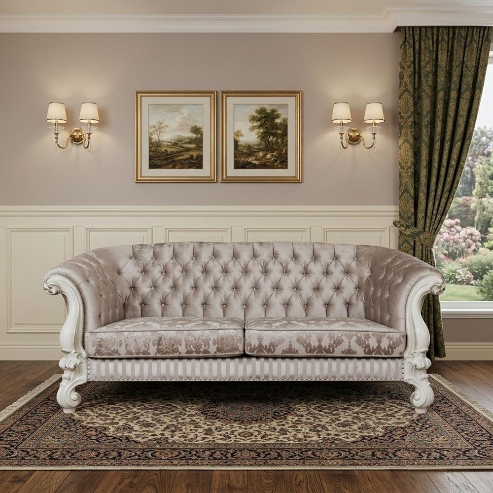 99" Ivory Velvet Damask Sofa And Toss Pillows With Bone Legs  Warm Home View