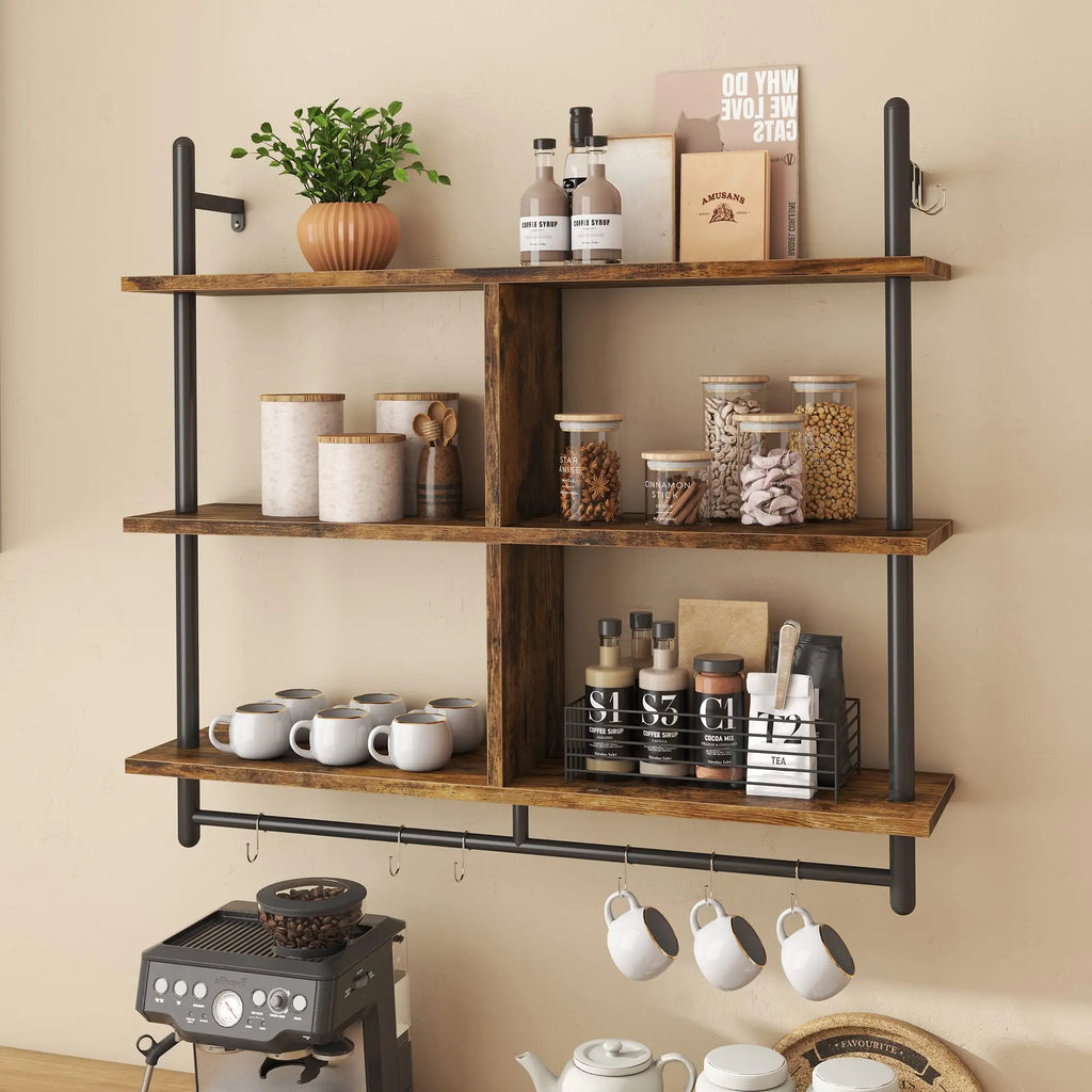 Bestier Floating Pipe Shelving Kitchen Shelves Wall Mounted 3 Tier 41.5" Ladder Coffee Bar Shelf Hanging with Circular Tube Display Bookshelf Storage for Living Room Kitchen Rustic Brown  Warm Home View