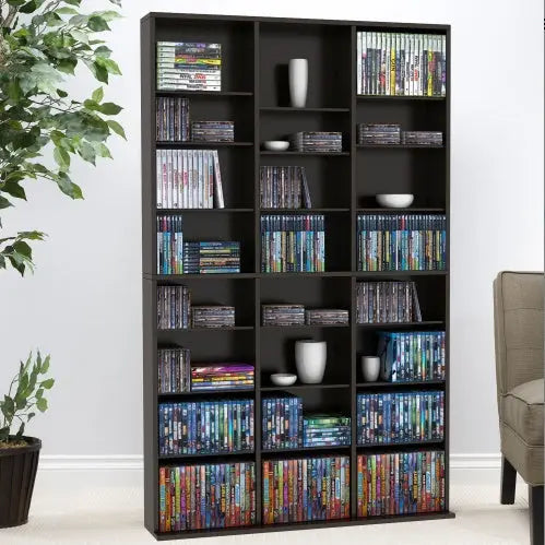 Media Shelving Unit, 6 Fixed Shelves, 18 Adjustable Shelves, Wide Base For Stability In Espresso Brown  Warm Home View