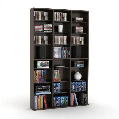 Media Shelving Unit, 6 Fixed Shelves, 18 Adjustable Shelves, Wide Base For Stability In Espresso Brown  Warm Home View