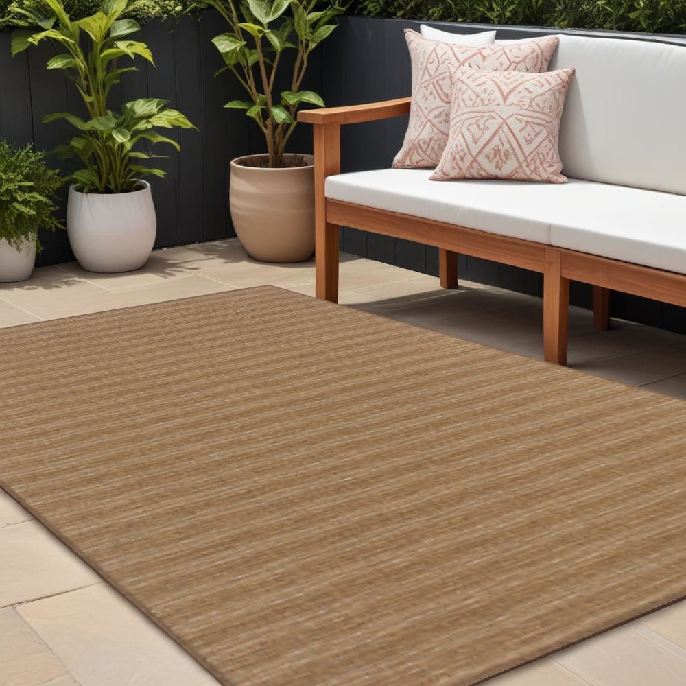 9' X 13' Tan Striped Stain Resistant Indoor Outdoor Area Rug  Warm Home View