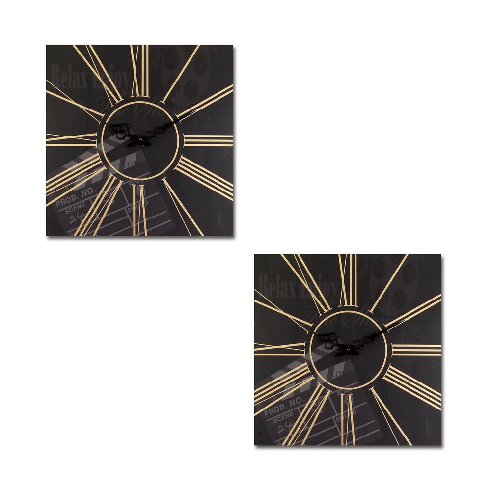 Set of Two Black And Gold Wood Analog Square Cinema Wall Clocks  Warm Home View