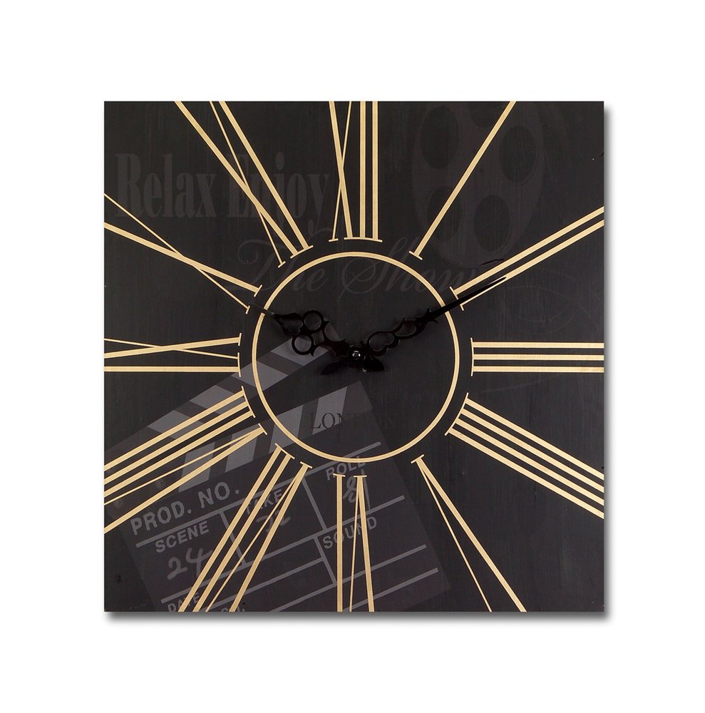 Set of Two Black And Gold Wood Analog Square Cinema Wall Clocks  Warm Home View