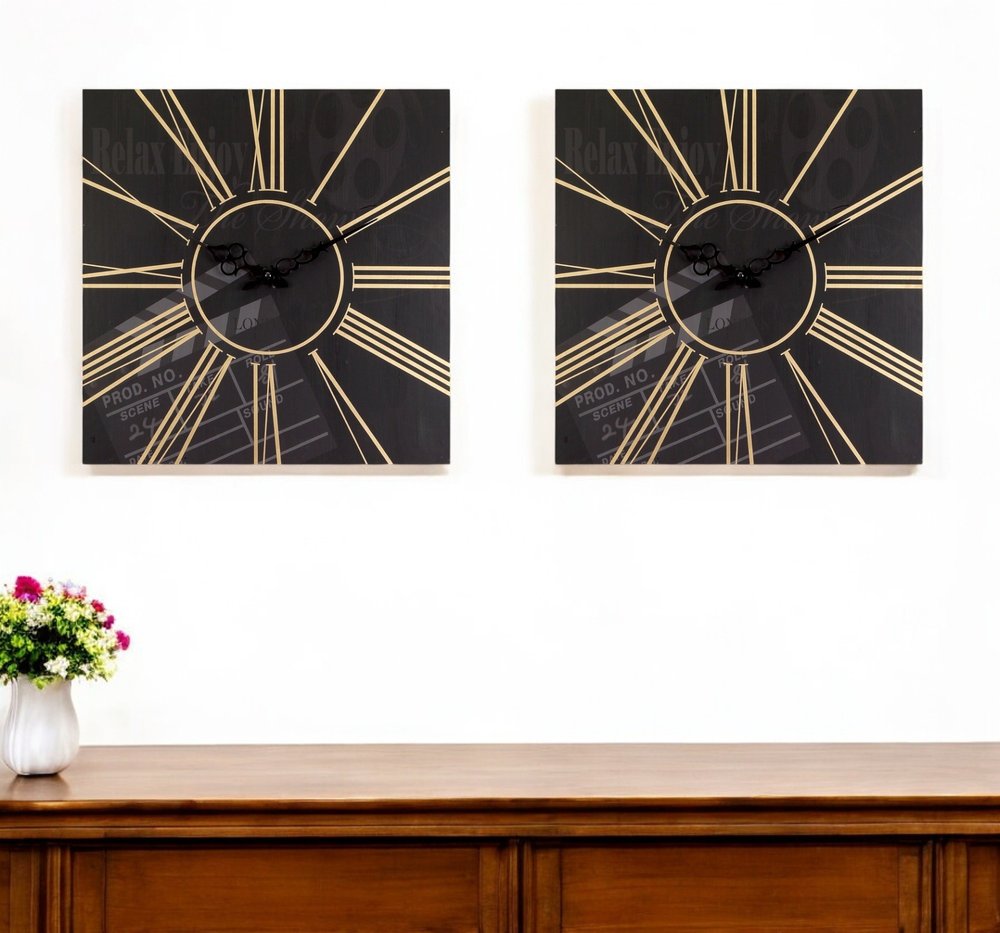 Set of Two Black And Gold Wood Analog Square Cinema Wall Clocks  Warm Home View