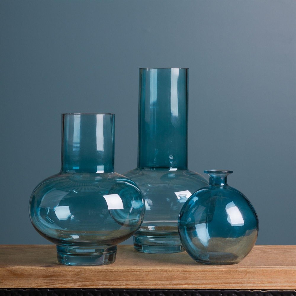 Set of Two Blue Glass Round Table Vase  Warm Home View
