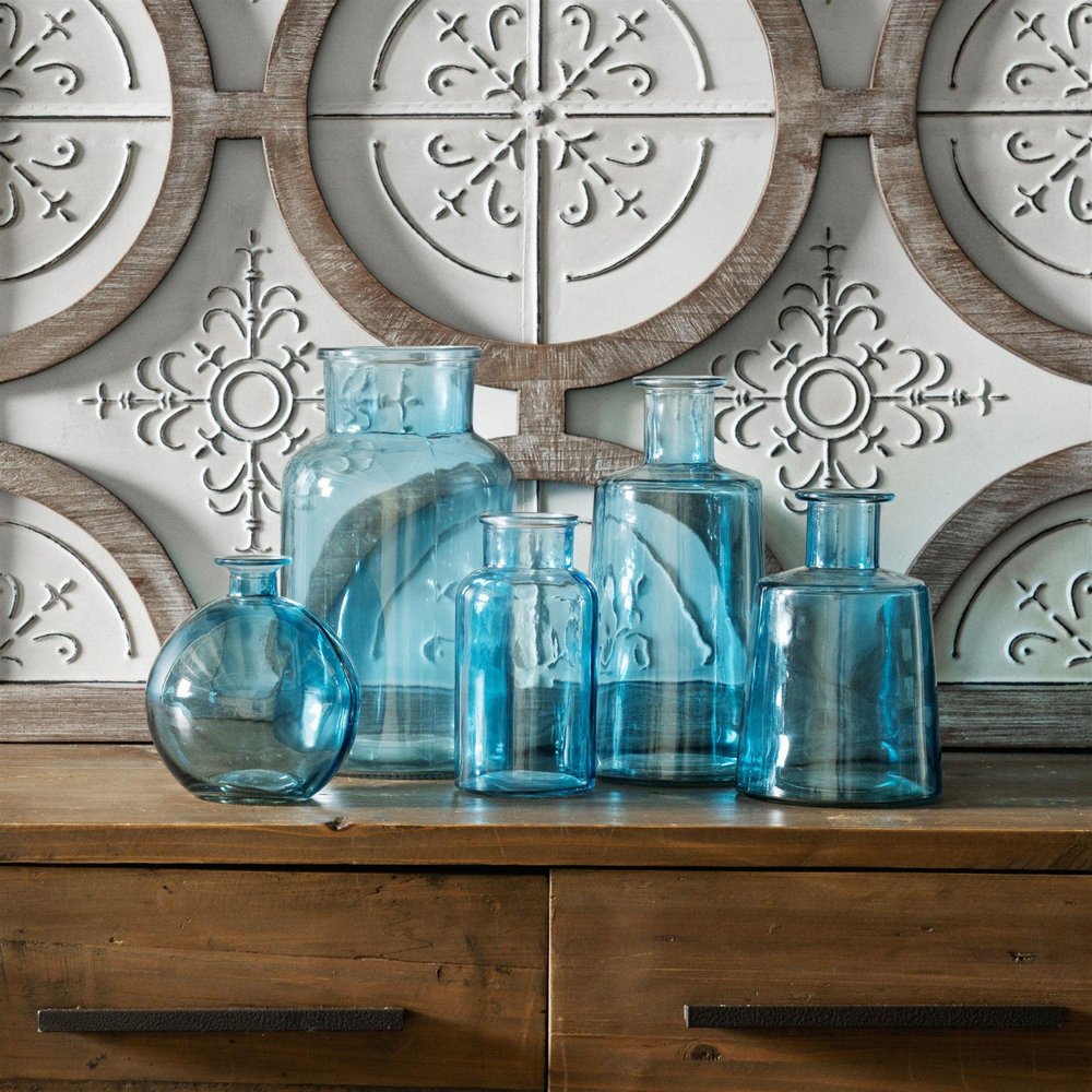 Set of Two Blue Glass Round Table Vase  Warm Home View