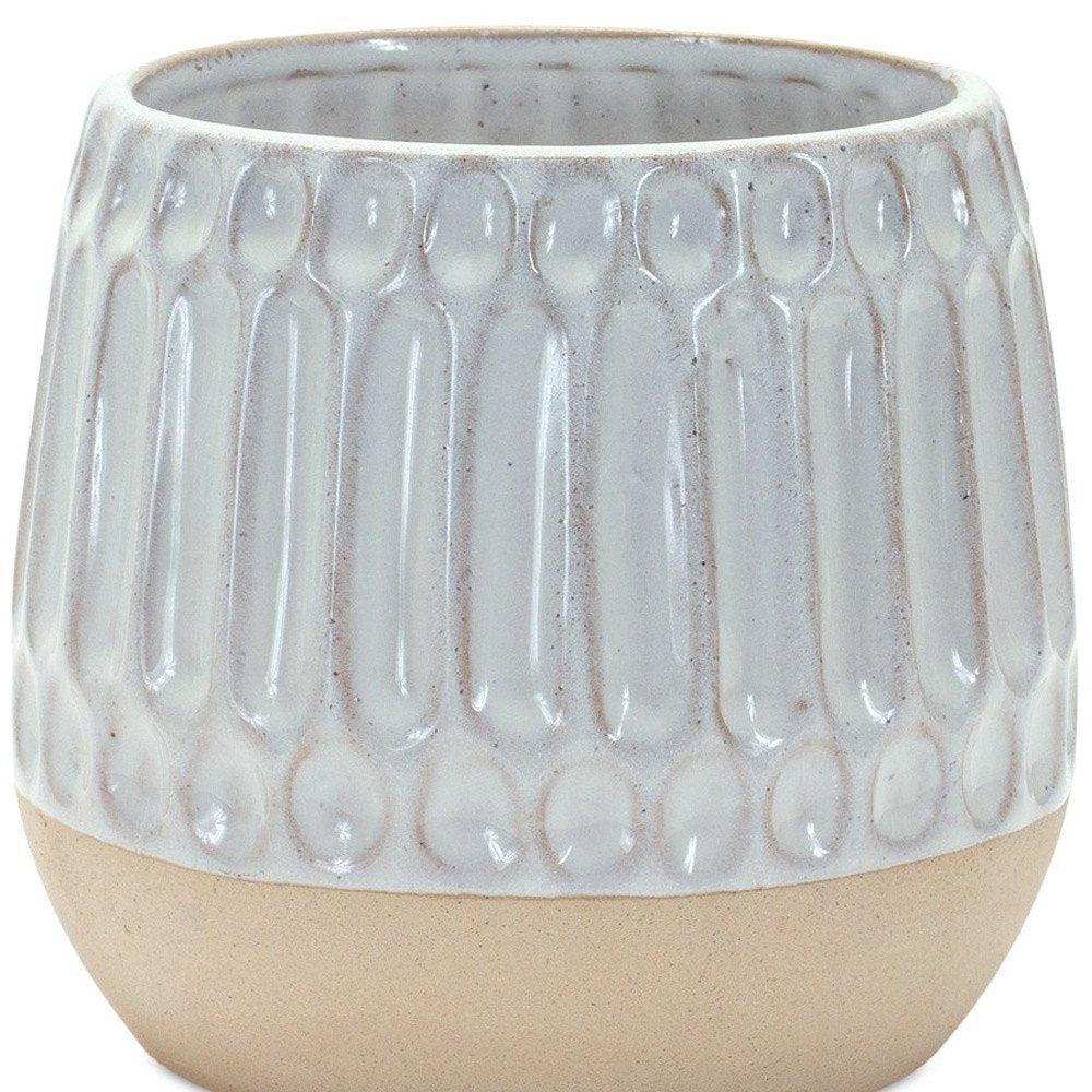 Set of Two Beige and White Ribbed Round Porcelain Table Vase  Warm Home View