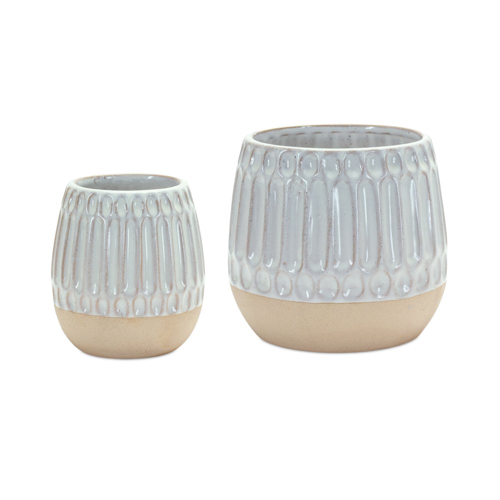 Set of Two Beige and White Ribbed Round Porcelain Table Vase  Warm Home View