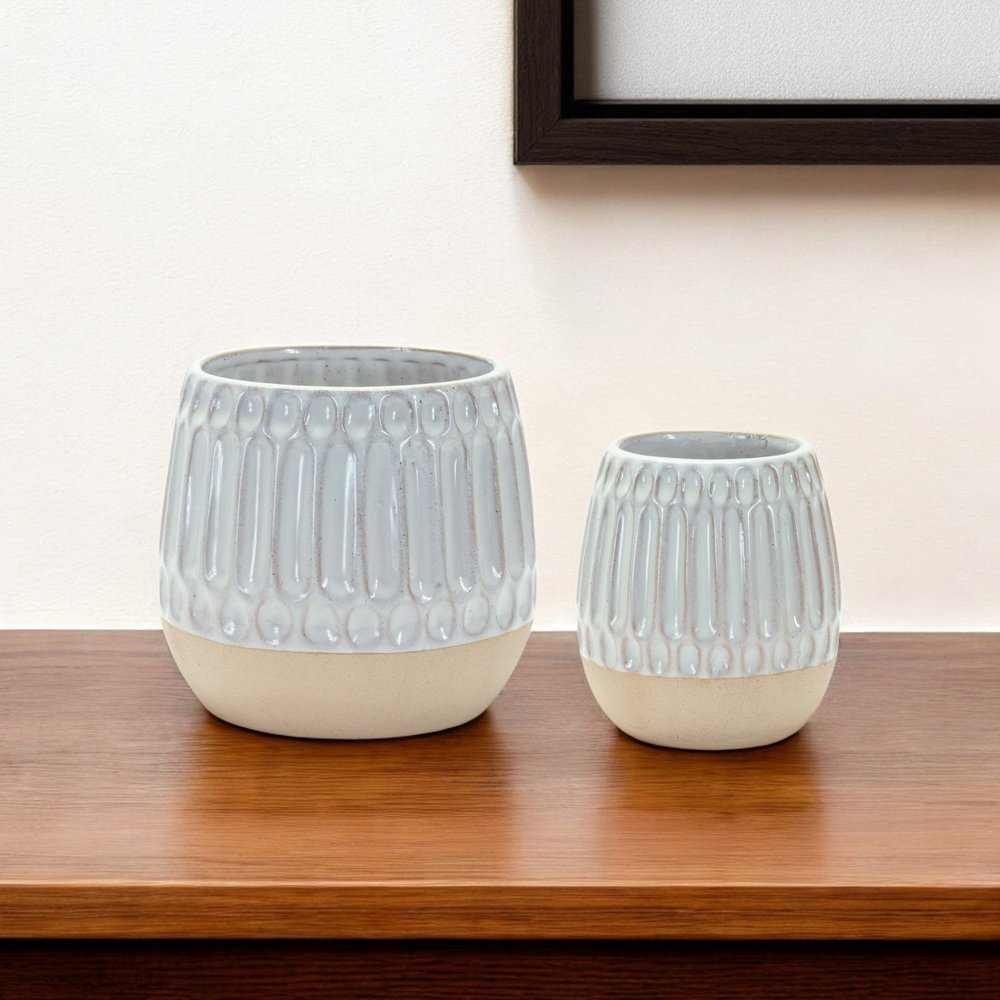 Set of Two Beige and White Ribbed Round Porcelain Table Vase  Warm Home View