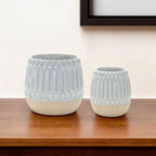 Set of Two Beige and White Ribbed Round Porcelain Table Vase  Warm Home View