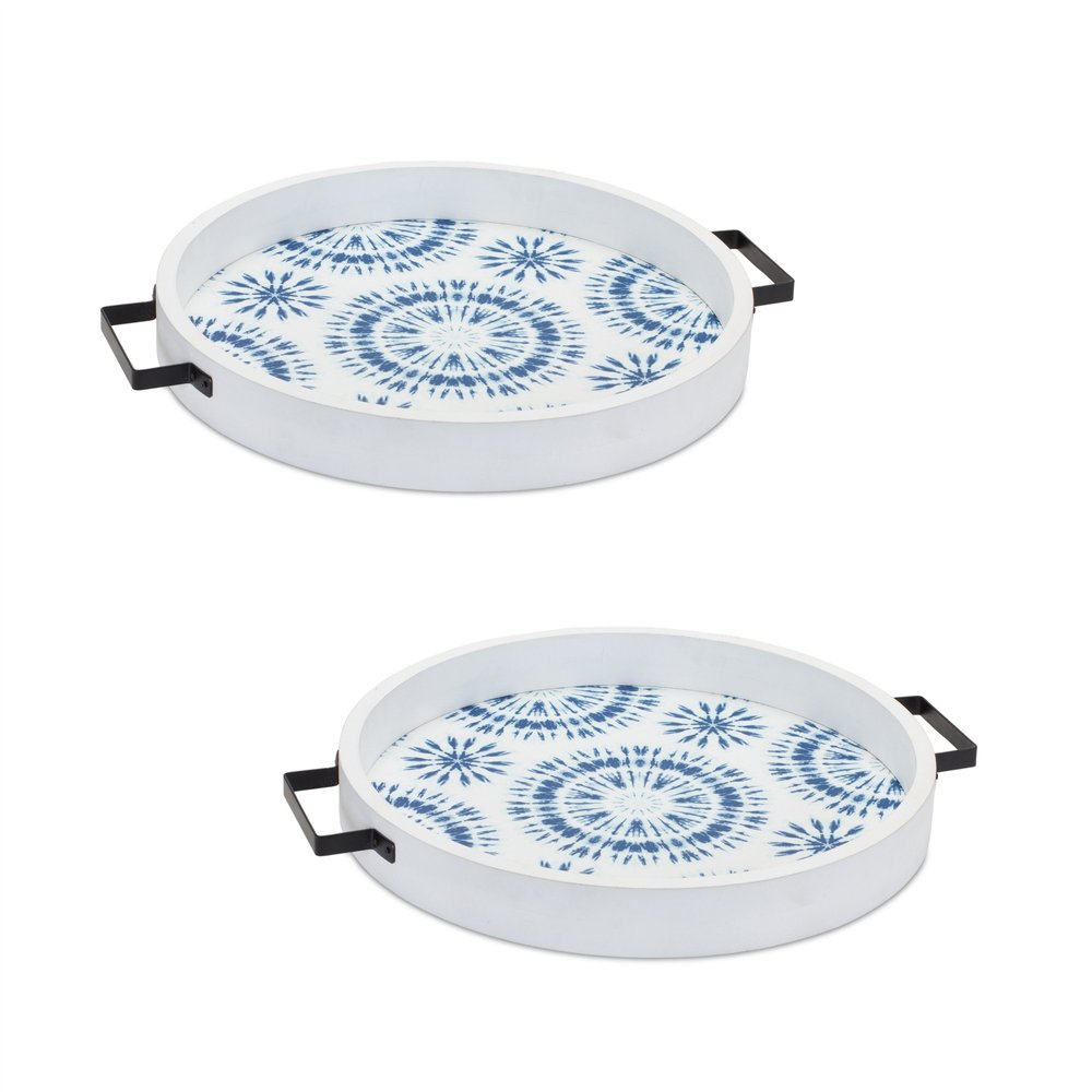 Set of Two Blue Round Solid Wood Vanity Tray With Handles  Warm Home View