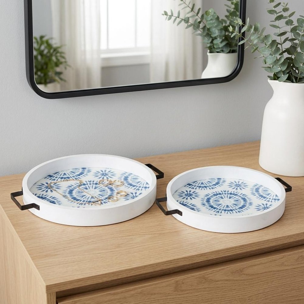 Set of Two Blue Round Solid Wood Vanity Tray With Handles  Warm Home View