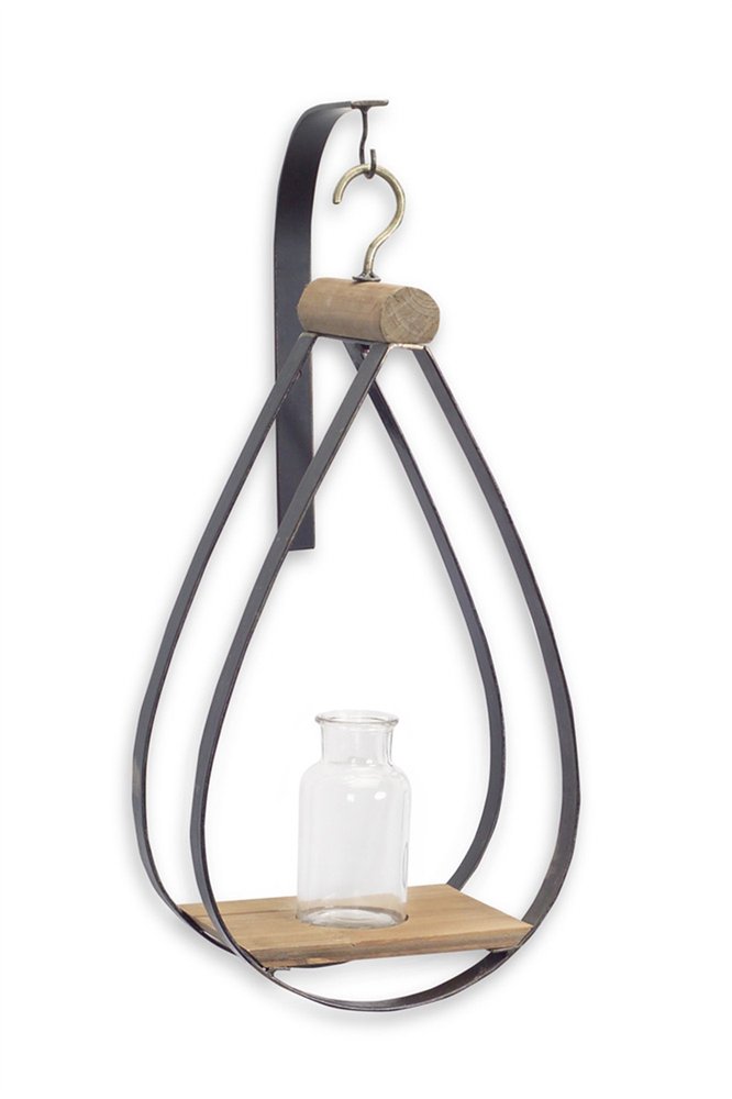 Set of Two Black Brown And Clear Cylinder Glass Metal And Wood Wall Vase  Warm Home View
