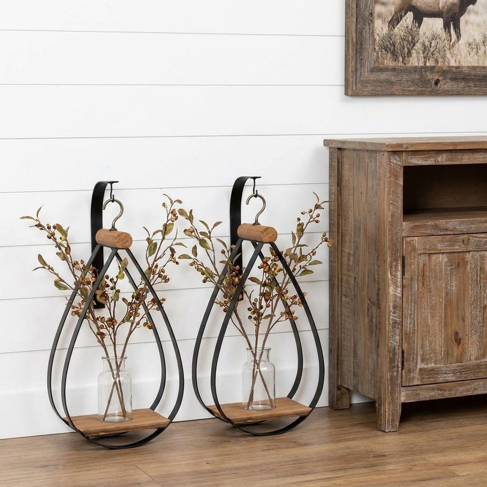 Set of Two Black Brown And Clear Cylinder Glass Metal And Wood Wall Vase  Warm Home View