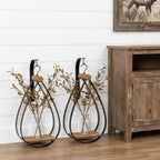 Set of Two Black Brown And Clear Cylinder Glass Metal And Wood Wall Vase  Warm Home View