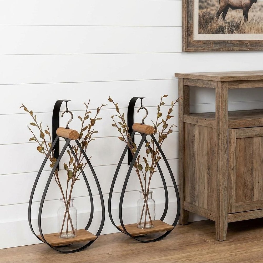 Set of Two Black Brown And Clear Cylinder Glass Metal And Wood Wall Vase  Warm Home View