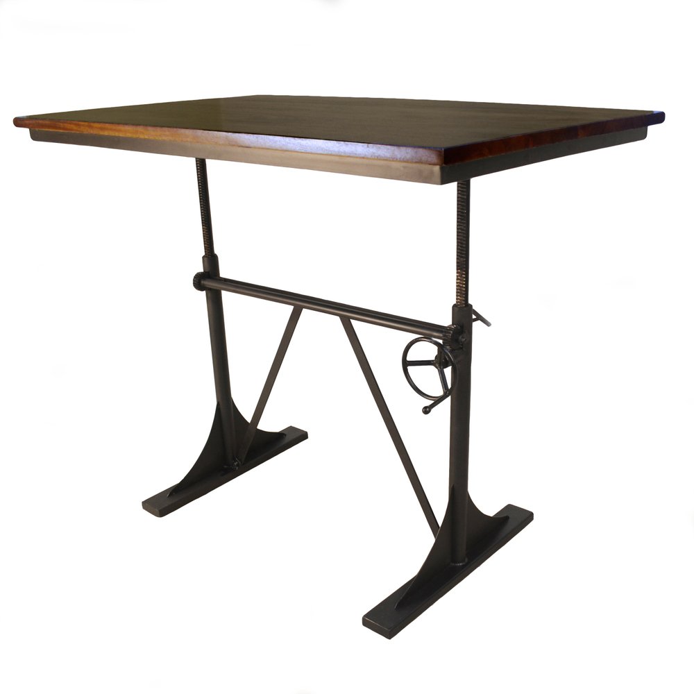 Adjustable Height Brown and Black Solid Wood and Iron Writing Desk  Warm Home View