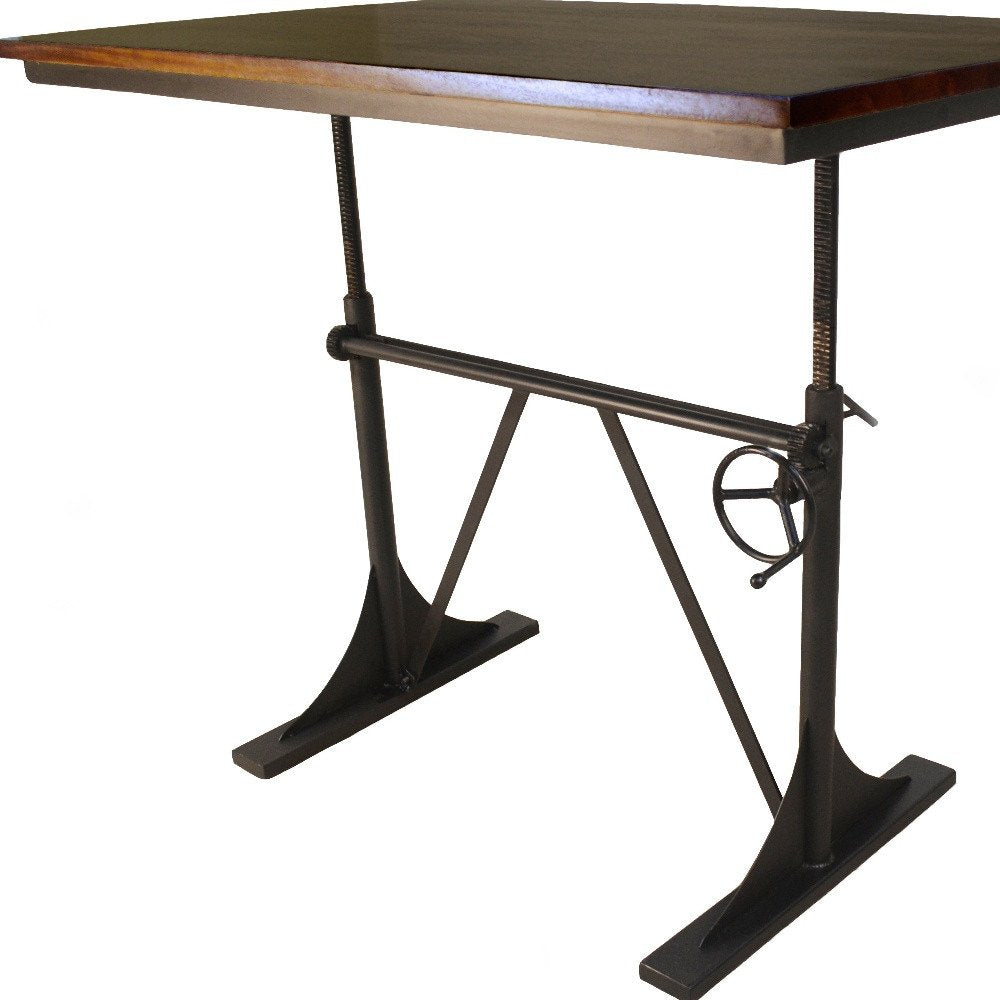 Adjustable Height Brown and Black Solid Wood and Iron Writing Desk  Warm Home View