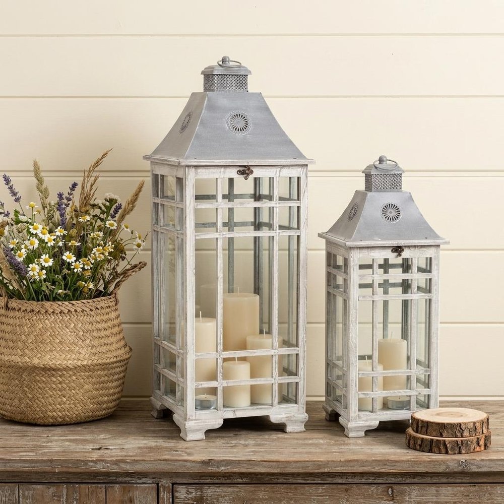 Set of Two White And Silver Distressed Geometric Metal Floor Lantern Candle Holders  Warm Home View