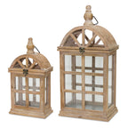 Set of Two Natural Distressed Geometric Wood And Glass Floor Lantern Candle Holders  Warm Home View