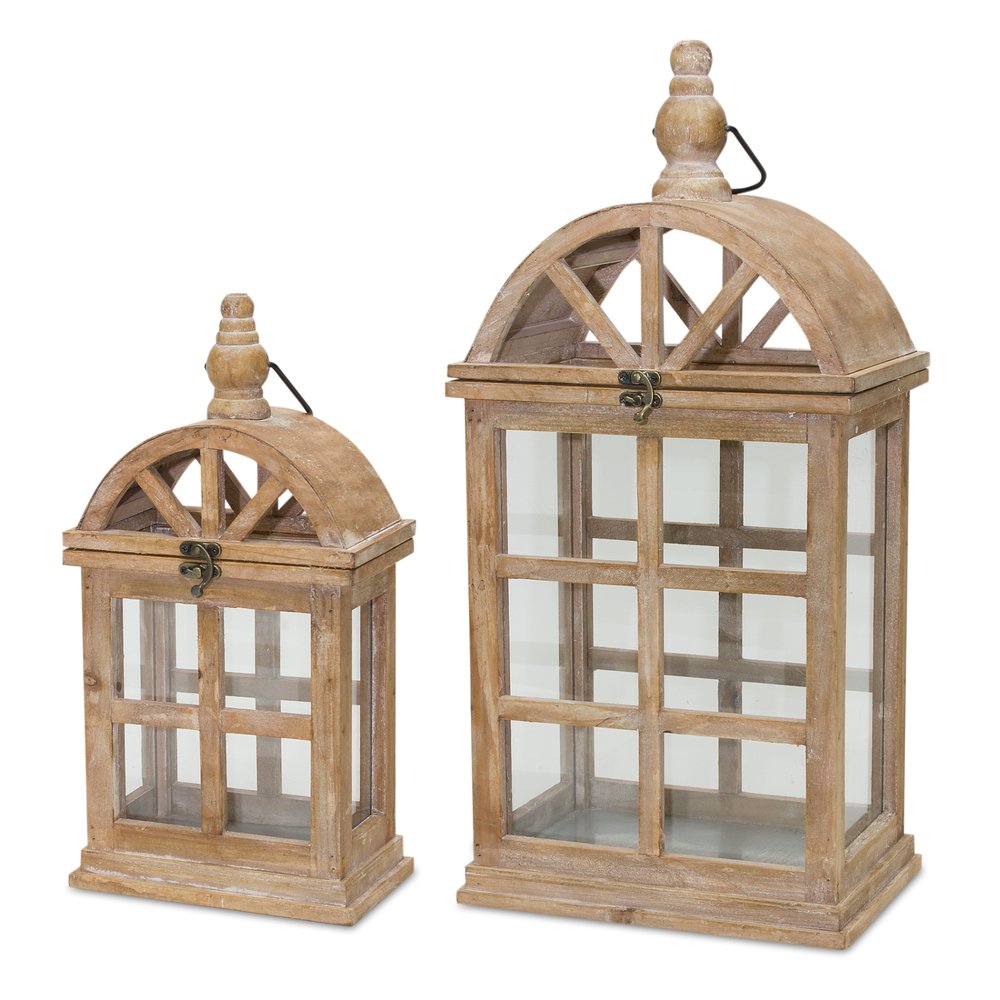 Set of Two Natural Distressed Geometric Wood And Glass Floor Lantern Candle Holders  Warm Home View