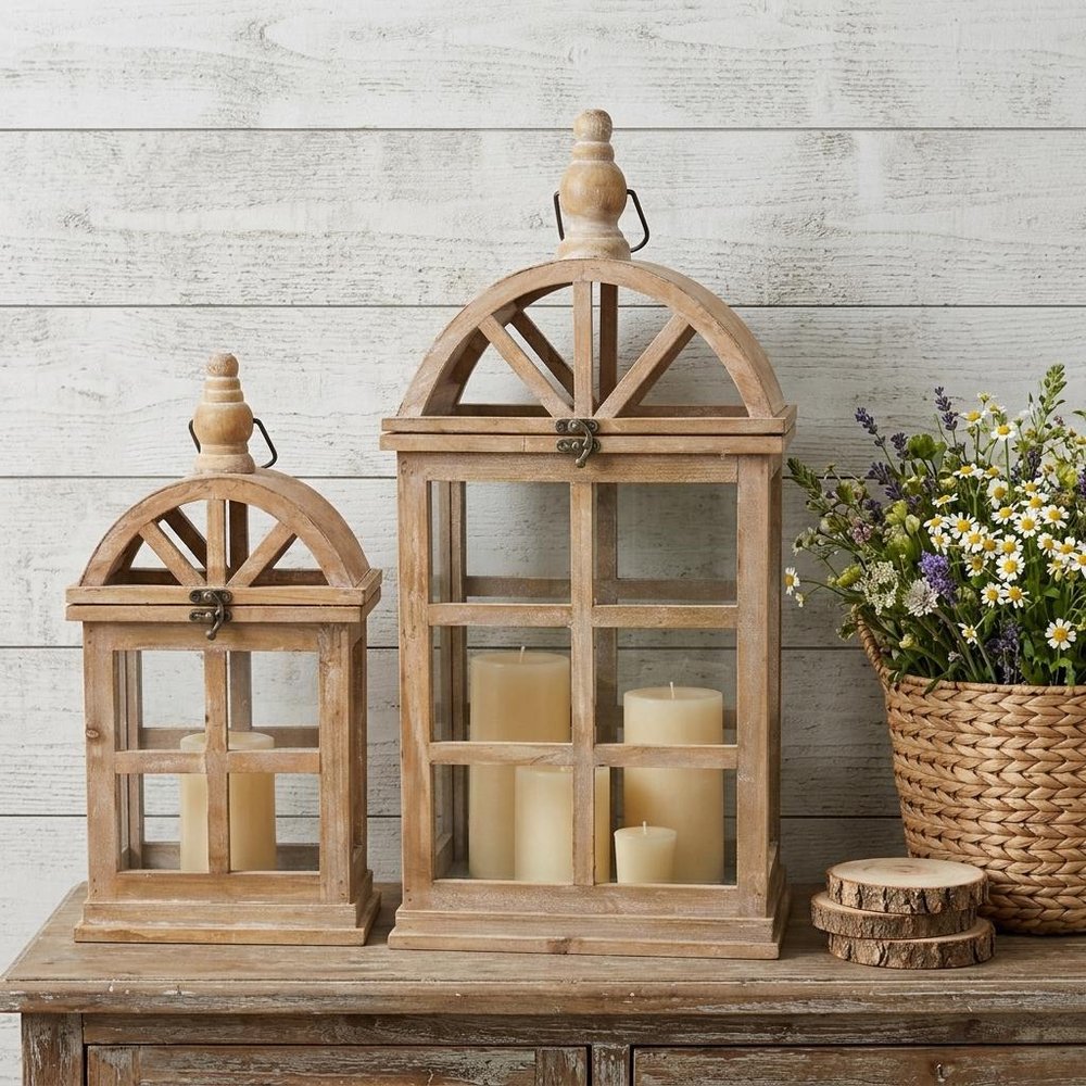 Set of Two Natural Distressed Geometric Wood And Glass Floor Lantern Candle Holders  Warm Home View