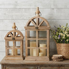 Set of Two Natural Distressed Geometric Wood And Glass Floor Lantern Candle Holders  Warm Home View