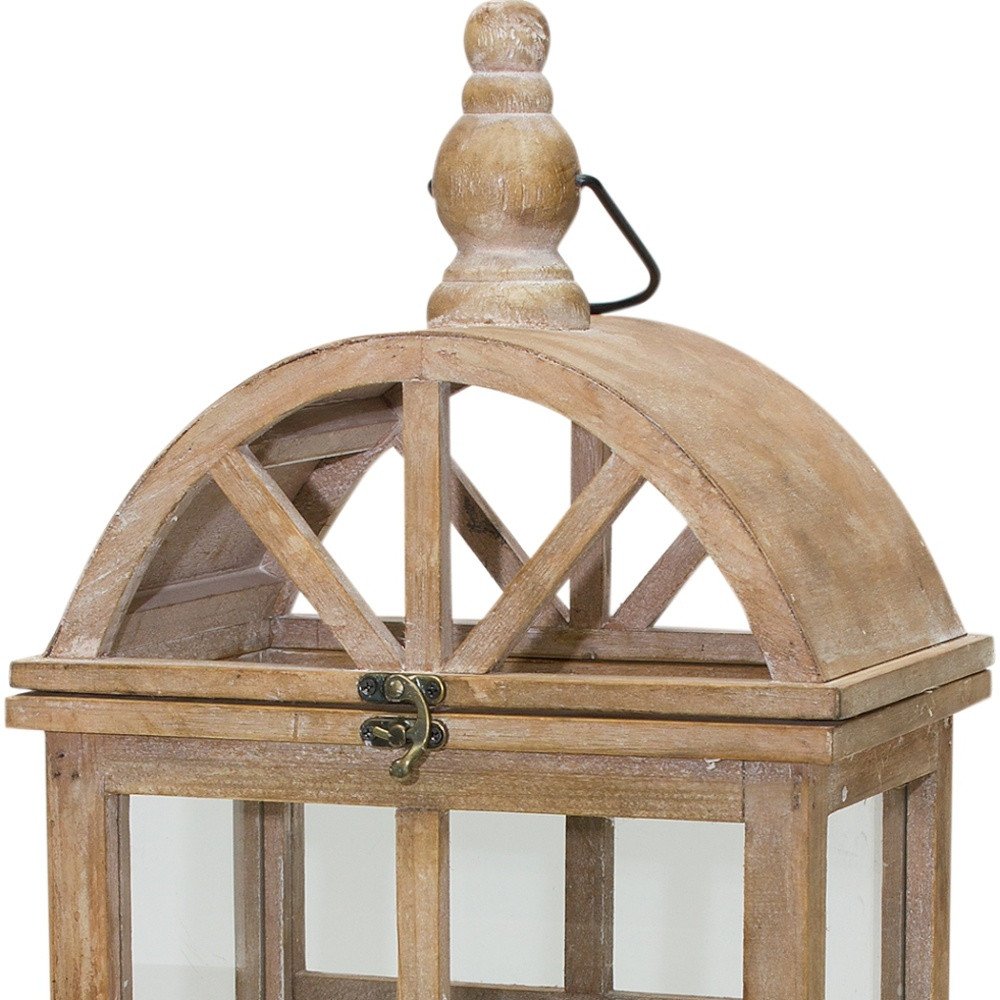 Set of Two Natural Distressed Geometric Wood And Glass Floor Lantern Candle Holders  Warm Home View