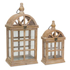 Set of Two Natural Distressed Geometric Wood And Glass Floor Lantern Candle Holders  Warm Home View