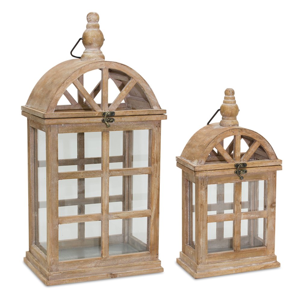 Set of Two Natural Distressed Geometric Wood And Glass Floor Lantern Candle Holders  Warm Home View