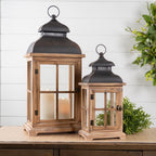 Set of Two Natural and Black Glass Wood and Metal Floor Lantern Candle Holders  Warm Home View