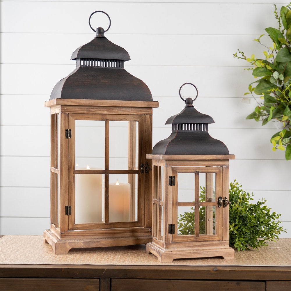 Set of Two Natural and Black Glass Wood and Metal Floor Lantern Candle Holders  Warm Home View