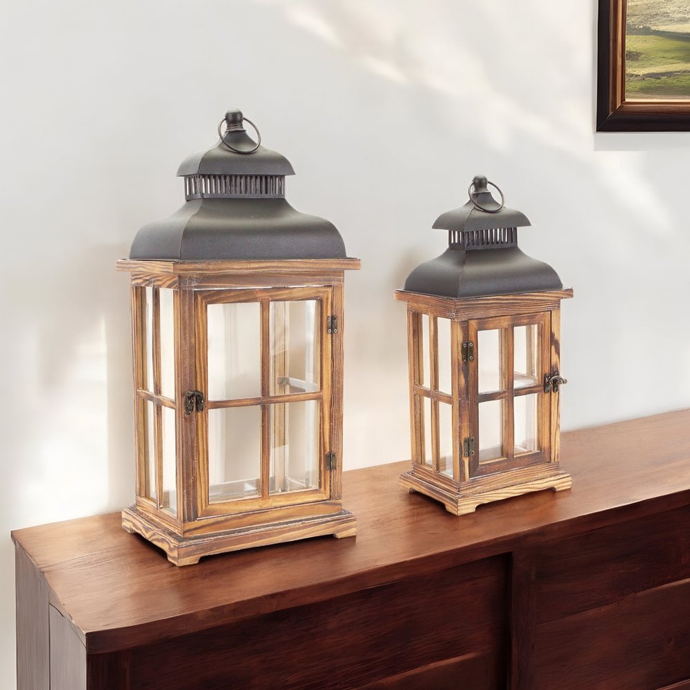 Set of Two Natural and Black Glass Wood and Metal Floor Lantern Candle Holders  Warm Home View