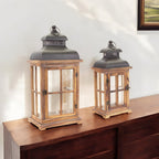 Set of Two Natural and Black Glass Wood and Metal Floor Lantern Candle Holders  Warm Home View