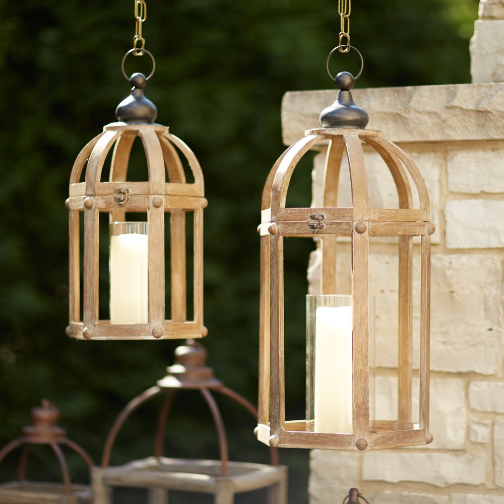 Set of Two Brown Distressed Wood And Glass Floor Lantern Candle Holders  Warm Home View