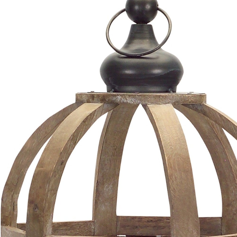 Set of Two Brown Distressed Wood And Glass Floor Lantern Candle Holders  Warm Home View