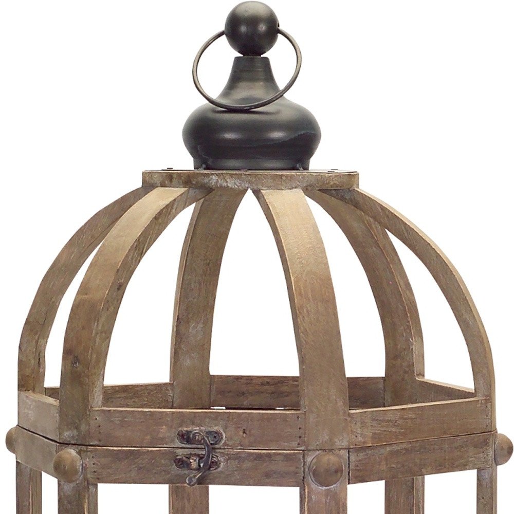 Set of Two Brown Distressed Wood And Glass Floor Lantern Candle Holders  Warm Home View