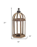 Set of Two Brown Distressed Wood And Glass Floor Lantern Candle Holders  Warm Home View