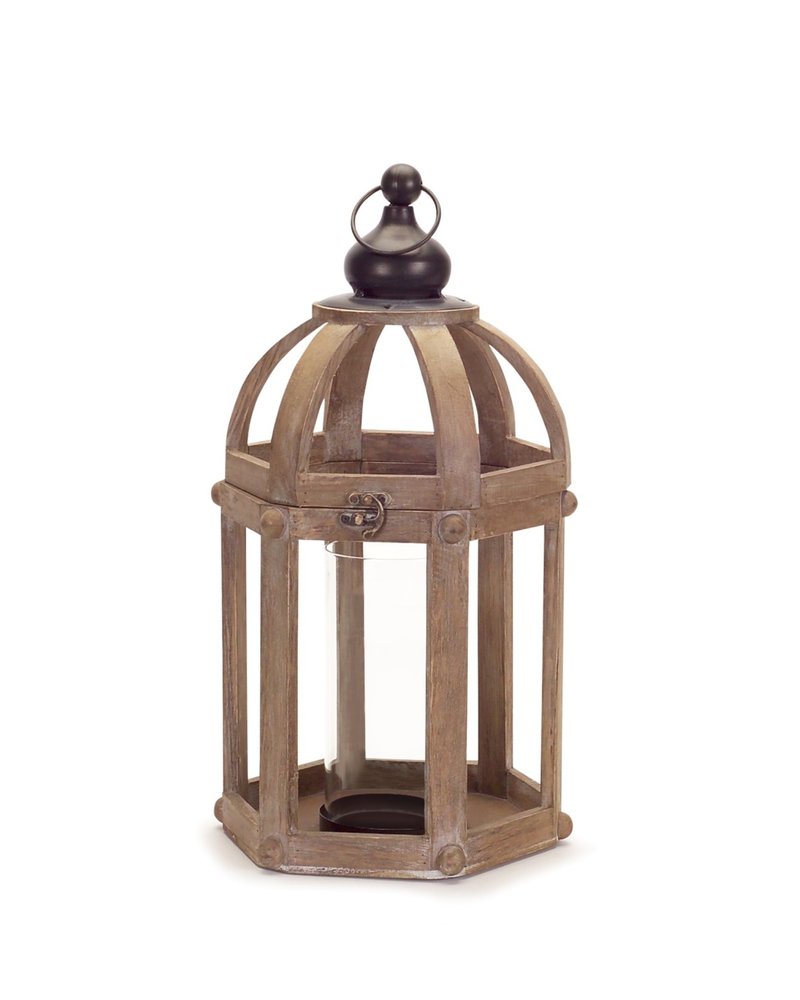 Set of Two Brown Distressed Wood And Glass Floor Lantern Candle Holders  Warm Home View