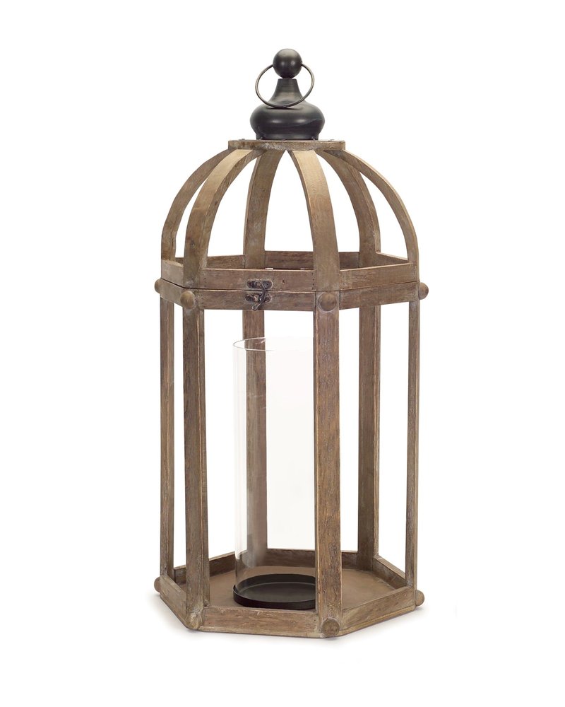 Set of Two Brown Distressed Wood And Glass Floor Lantern Candle Holders  Warm Home View