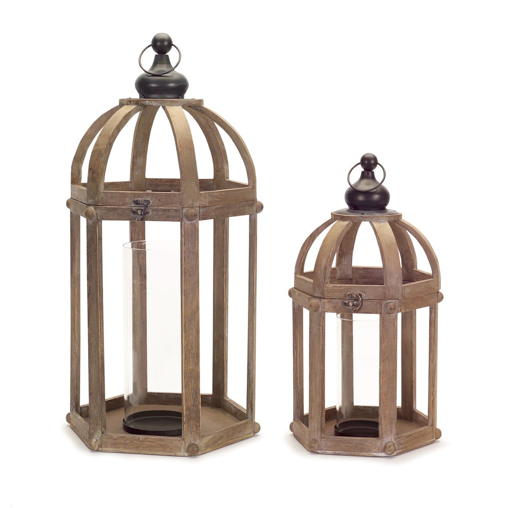 Set of Two Brown Distressed Wood And Glass Floor Lantern Candle Holders  Warm Home View