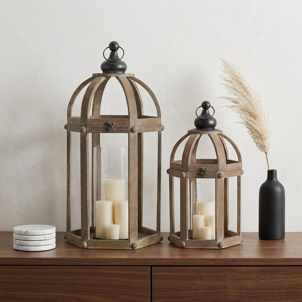 Set of Two Brown Distressed Wood And Glass Floor Lantern Candle Holders  Warm Home View