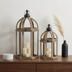 Set of Two Brown Distressed Wood And Glass Floor Lantern Candle Holders  Warm Home View