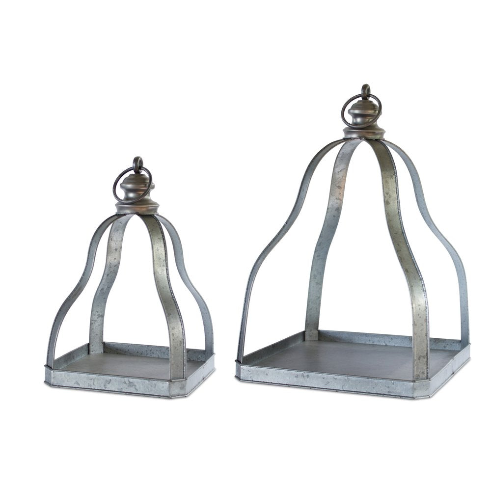 Set of Two Gray Distressed Galvanized Metal Tabletop Lantern Candle Holders  Warm Home View