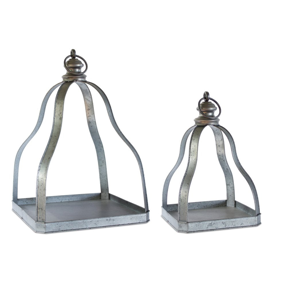 Set of Two Gray Distressed Galvanized Metal Tabletop Lantern Candle Holders  Warm Home View