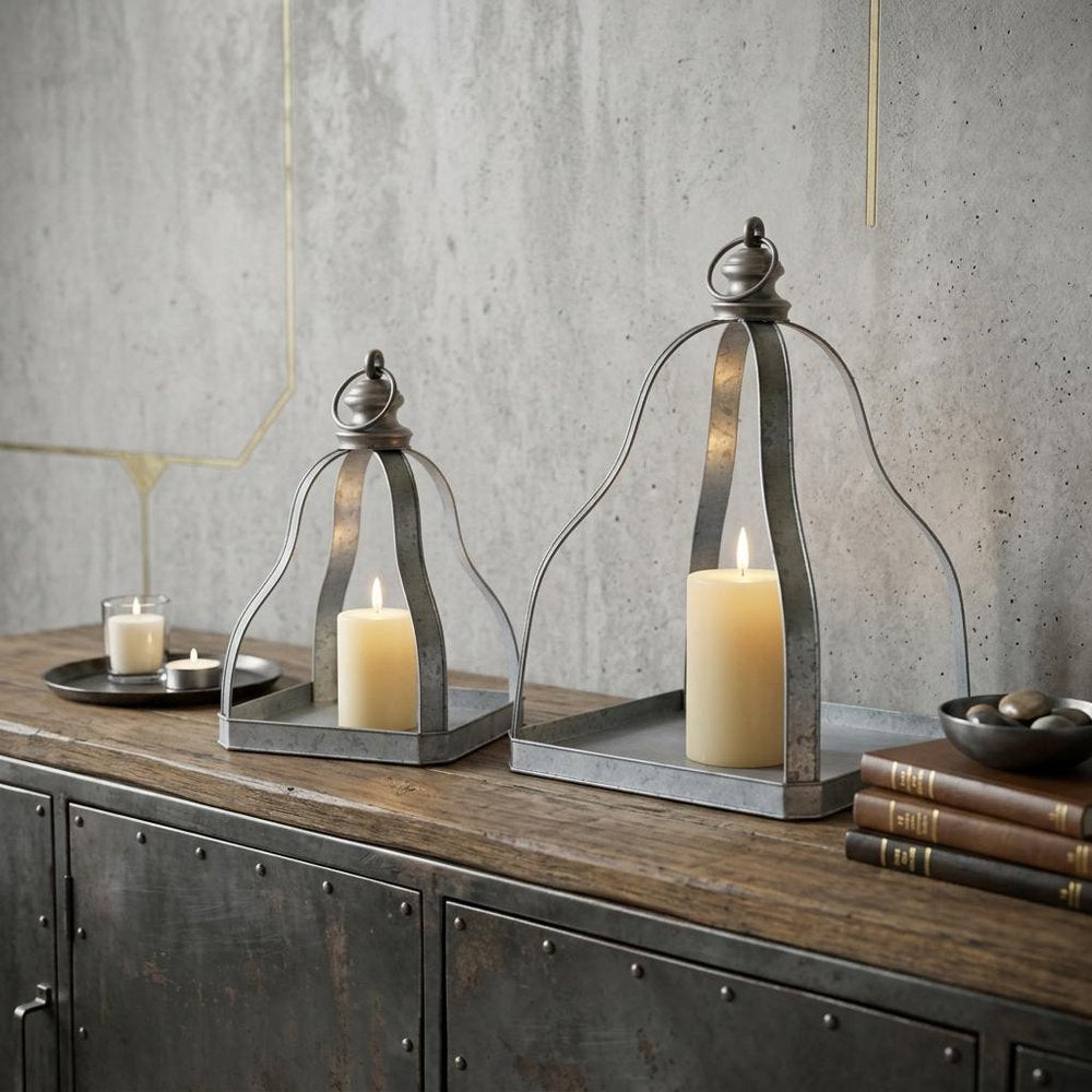 Set of Two Gray Distressed Galvanized Metal Tabletop Lantern Candle Holders  Warm Home View