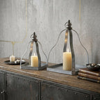 Set of Two Gray Distressed Galvanized Metal Tabletop Lantern Candle Holders  Warm Home View